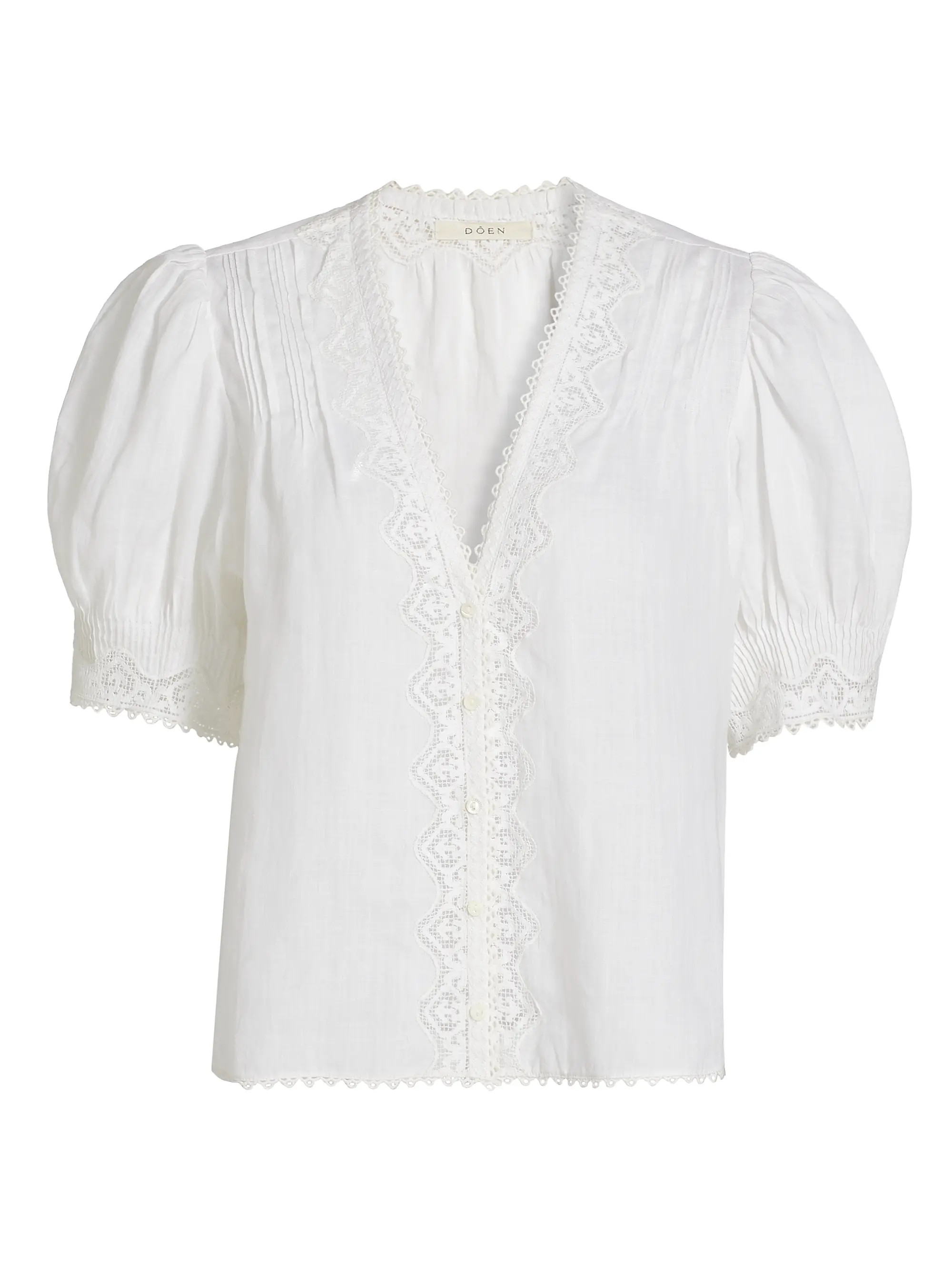 Brigetta Eyelet-Trim Linen Puff Sleeve Top | Saks Fifth Avenue