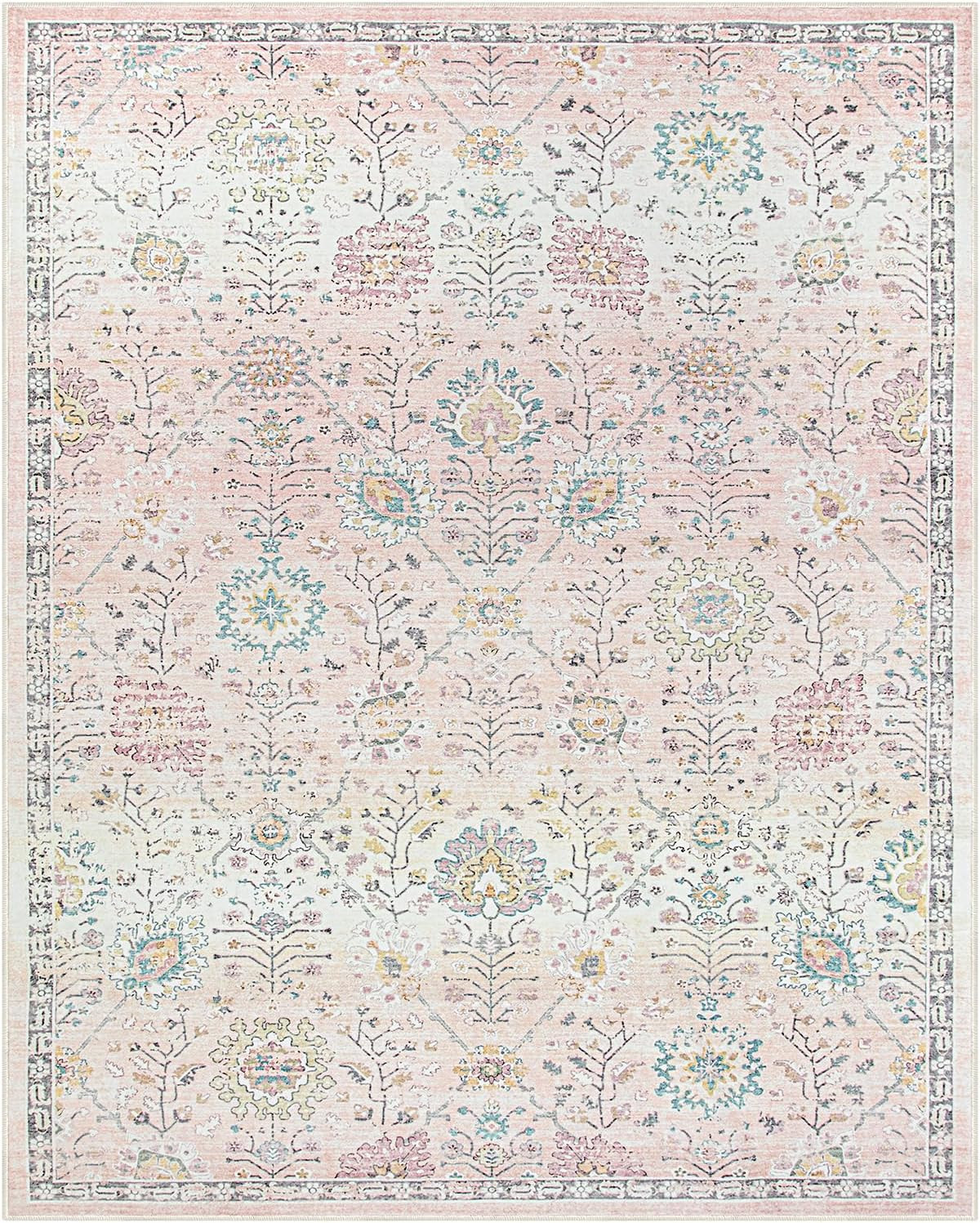 Lahome Pink Boho Area Rug, 8x10 Washable Rugs for Bedroom Girls Living Room, Soft Blush Floral No... | Amazon (US)