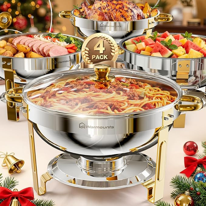 WARMOUNTS Gold Chafing Dishes for Buffet with Glass Lid (5QT, 4Pack), Round Chafers and Buffet Wa... | Amazon (US)