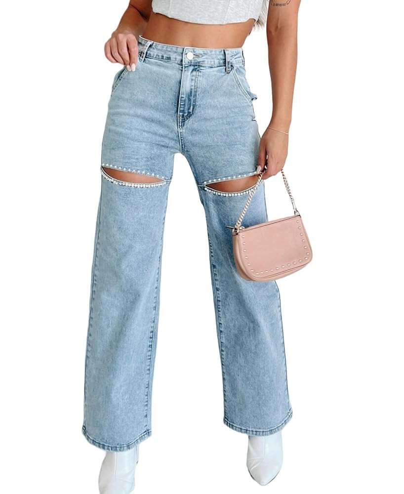Kedera Women High Waist Denim Jeans Rhinestone Trim Bling Jeans Plus Size Denim Pants | Amazon (US)