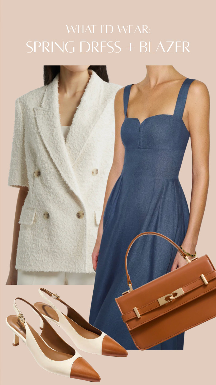 I love pairing a boucle short-sleeve blazer over a denim blue dress for spring. It adds texture and structure without feeling heavy, and the short sleeves make it perfect for that in-between weather.

The bag brings in a third complementary tone, and the heels tie everything together for a polished, effortless look.

An easy way to elevate a simple dress without overthinking it. 

 #LTKootd #LTKPetite #LTKWorkwear