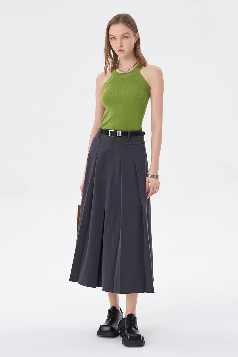 SELFWHO Grey Pleated Skirt Women | SELFWHO