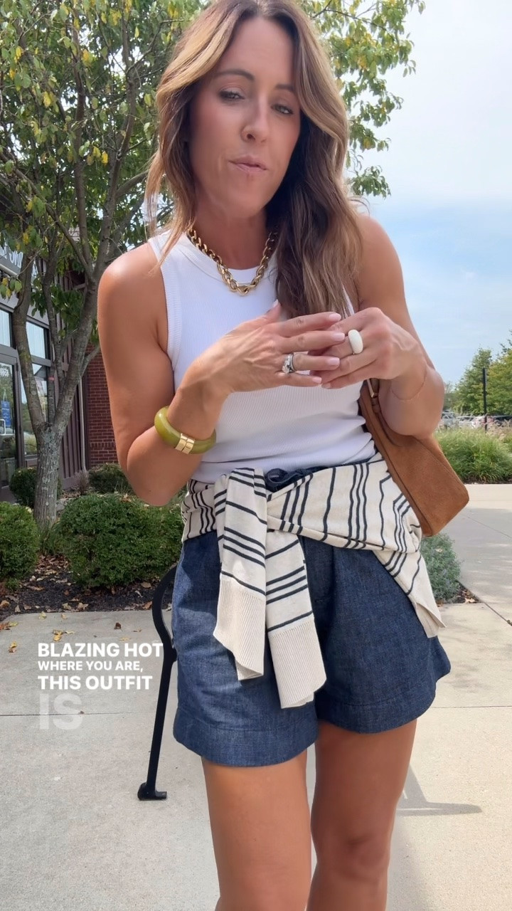 Early Fall vibes while it’s still super hot!
Stripe pullover linked in stories. 
Dark chambray shorts - size 2
XS tank
Mules tts

#LTKmomlife #LTKSeasonal #LTKOver40