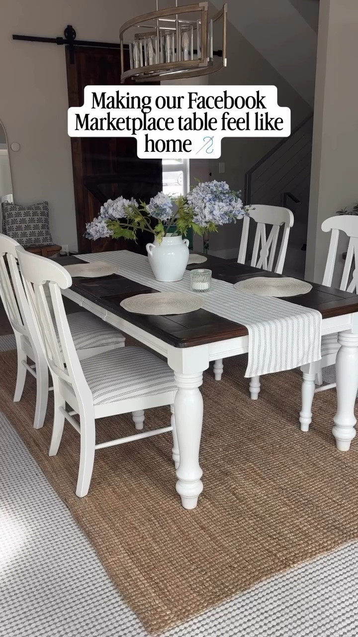How I upgraded our Facebook Marketplace table 🪡
• thrifted table
• DIY upholstered chairs
• custom sewn runner to match

Proof you don’t need new… just a little creativity 🤍
Save for inspo ✨

#hometransformation #budgetfriendlydecor #diyinspiration #thriftflip #reelitfeelit