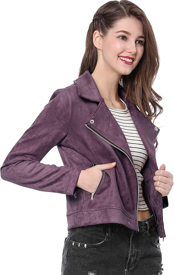 Allegra K Women's Short Soft Zip Up Faux Suede Biker Moto Jacket | Amazon (US)