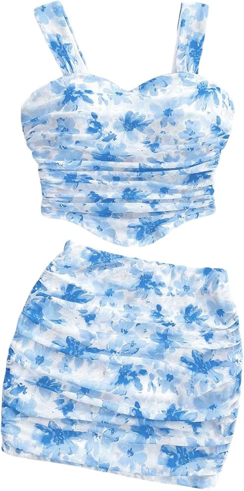 Floerns Girl's 2 Piece Vacation Outfit Floral Camisole Tops Ruched Bodycon Mini Skirt Set | Amazon (US)