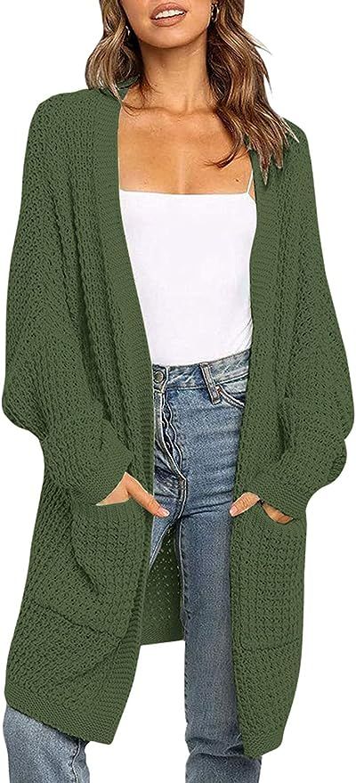 ZESICA Women's Long Batwing Sleeve Open Front Chunky Knit Cardigan Sweater with Pockets | Amazon (US)