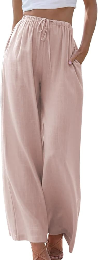 Duyang Womens Cotton Linen Palazzo Pants Drawstring Elastic Waist Casual Wide Leg Trousers with P... | Amazon (US)