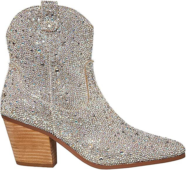 Women's Rhinestone Boots Western Mid Calf Pointed Toe Fashion Cowgirl Boots 5cm Chunky Stacked He... | Amazon (US)