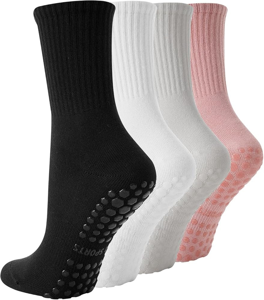 Pilates Socks with Grips for Women, 4 Pairs Non Slip Yoga Socks, Athletic Crew Socks Ballet Barre... | Amazon (US)