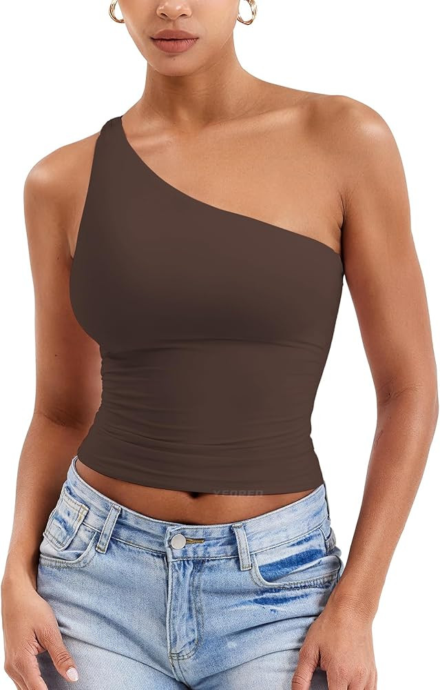 YEOREO Womens One Shoulder Tops Sleeveless Going Out Tank Top Fanciy Double Lined Cropped Tee Y2K... | Amazon (US)