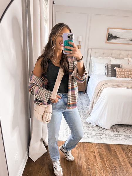 Casual early fall flannel and jeans outfit idea. My sneakers and purse are from Amazon and so good!! 

Wearing tts 
Jeans 27/long



#LTKfindsunder50 #LTKstyletip #LTKSeasonal
