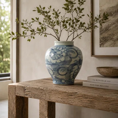 Approx. 10" High Blue and White Jar with Flower Motif | Wayfair North America