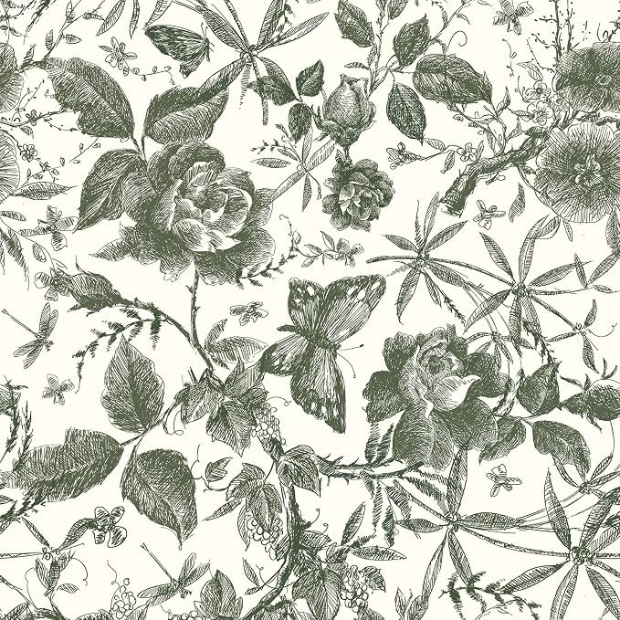 JiffDiff Floral Wallpaper Peel and Stick Sketch Floral Butterfly Vintage Wallpaper Removable Wallpap | Amazon (US)
