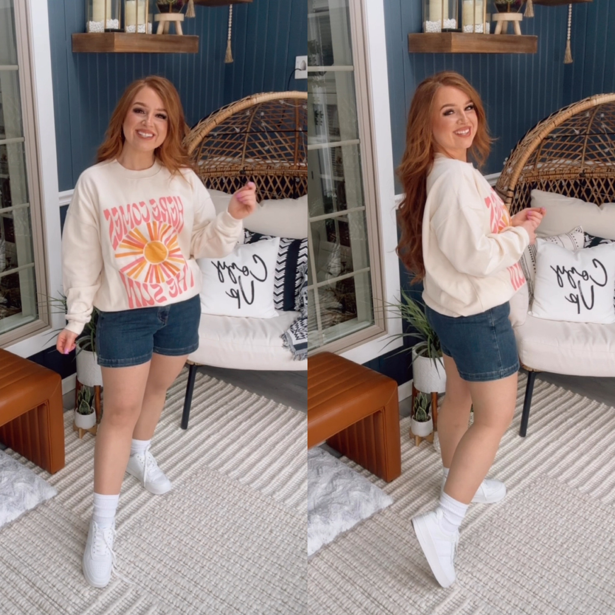 Oversized sweatshirt “here comes the sun” and dark wash denim shorts !

Sweatshirt - small (oversized so size down for a fitted look or size up to lounge at home!) 

Shorts- size 29. I sized up and really didn’t need to! These are stretchy and more true to size 

Code: FEBRUARY20

#LTKStyleTip #LTKTravel #LTKFindsUnder50