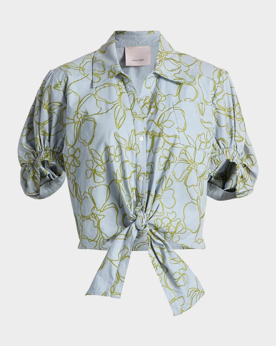 Zoanne Floral Embroidered Tie-Front Blouse | Neiman Marcus