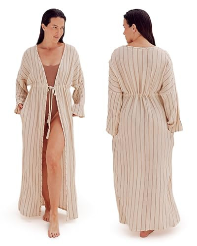 Sand Cloud Juhu Gauze Oversized Swimsuit Cover Up Dress for Women - Striped Long Sleeve & Full-Length Cover Up - Casual Summer, Vacation Clothes for Resort Wear, Beach & Pool - 100% Organic Cotton | Amazon (US)