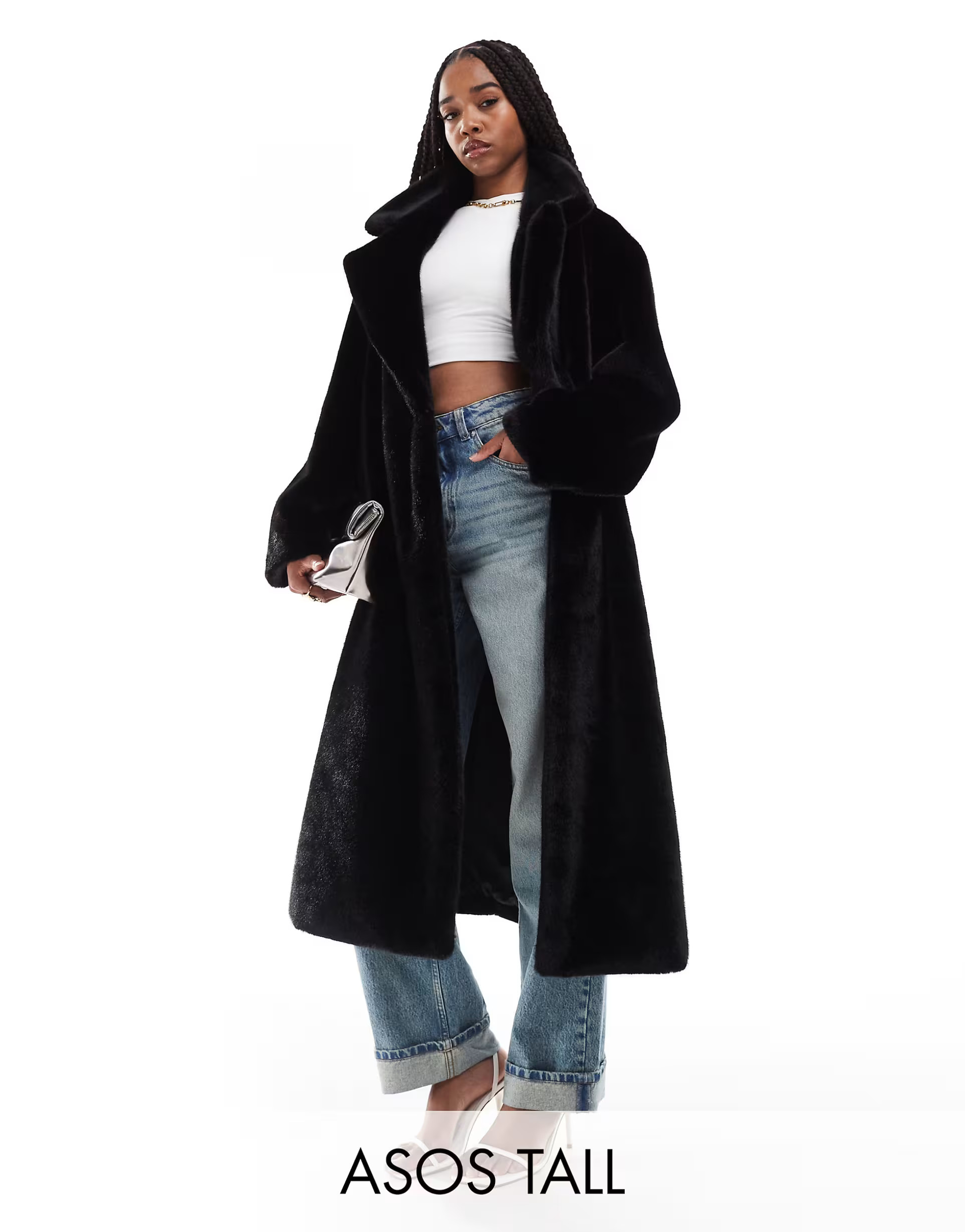 ASOS DESIGN Tall longline chuck on faux fur coat in black | ASOS (Global)