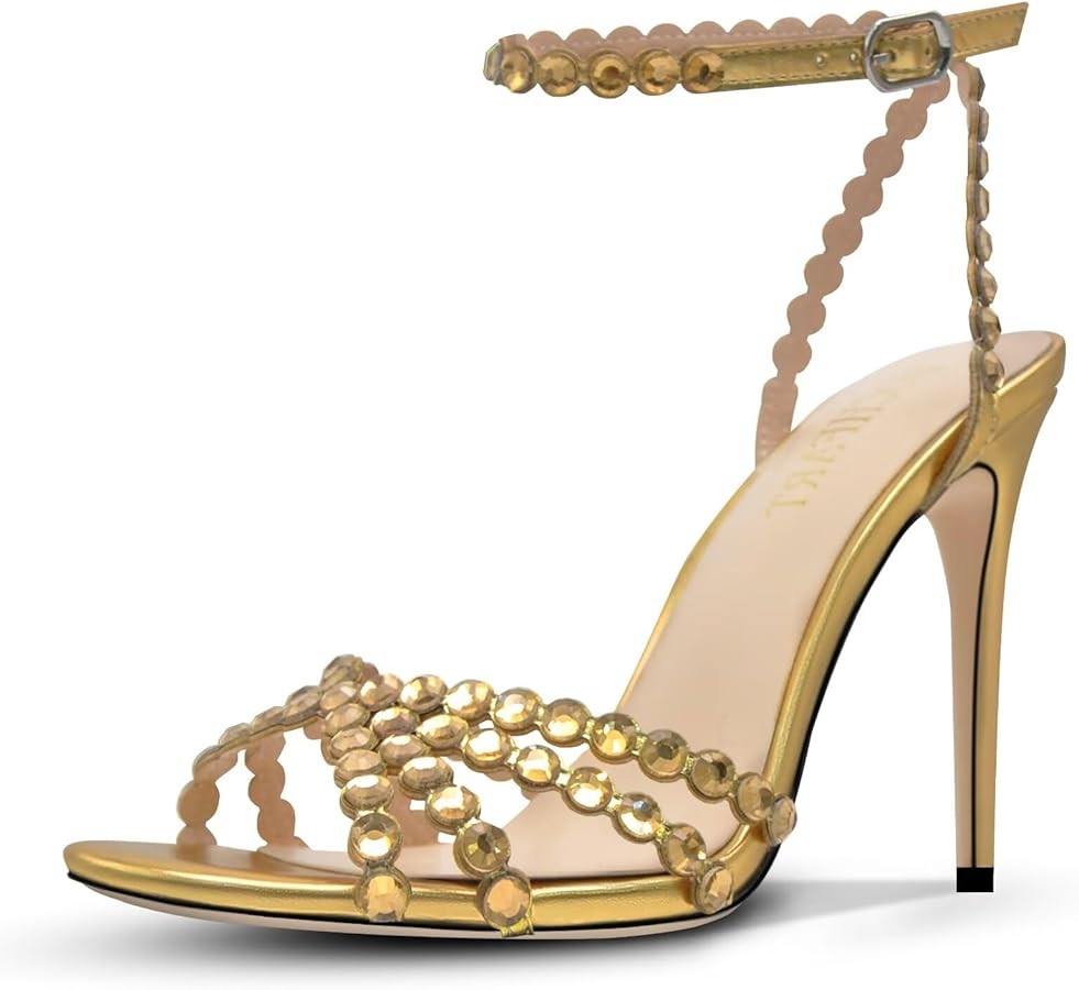 Rhinestone High Heels Stiletos Heels for Women Strappy Buckle Heels Round Toe Sexy Dressy Pumps S... | Amazon (US)