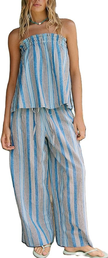 Yiulangde Two Piece Linen Sets for Women Summer Tube Top and Wide Leg Pant Lounge Matching Set 2 ... | Amazon (US)