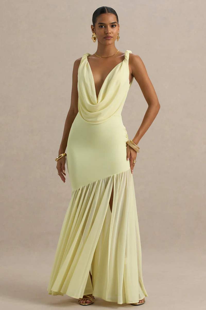 Meggie | Lemon Plunge-Neck Twisted Maxi Dress With Chiffon Skirt | Club L London