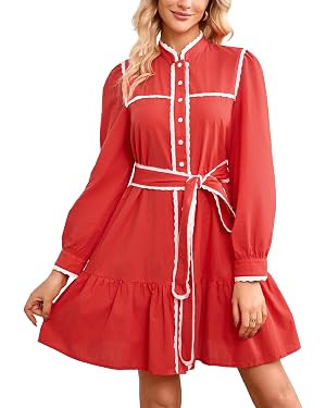 Womens Button Down Cotton Shirt Dress Long Sleeve Stand Collar Lace Trim Ruffle Tiered Swing Belt... | Amazon (US)