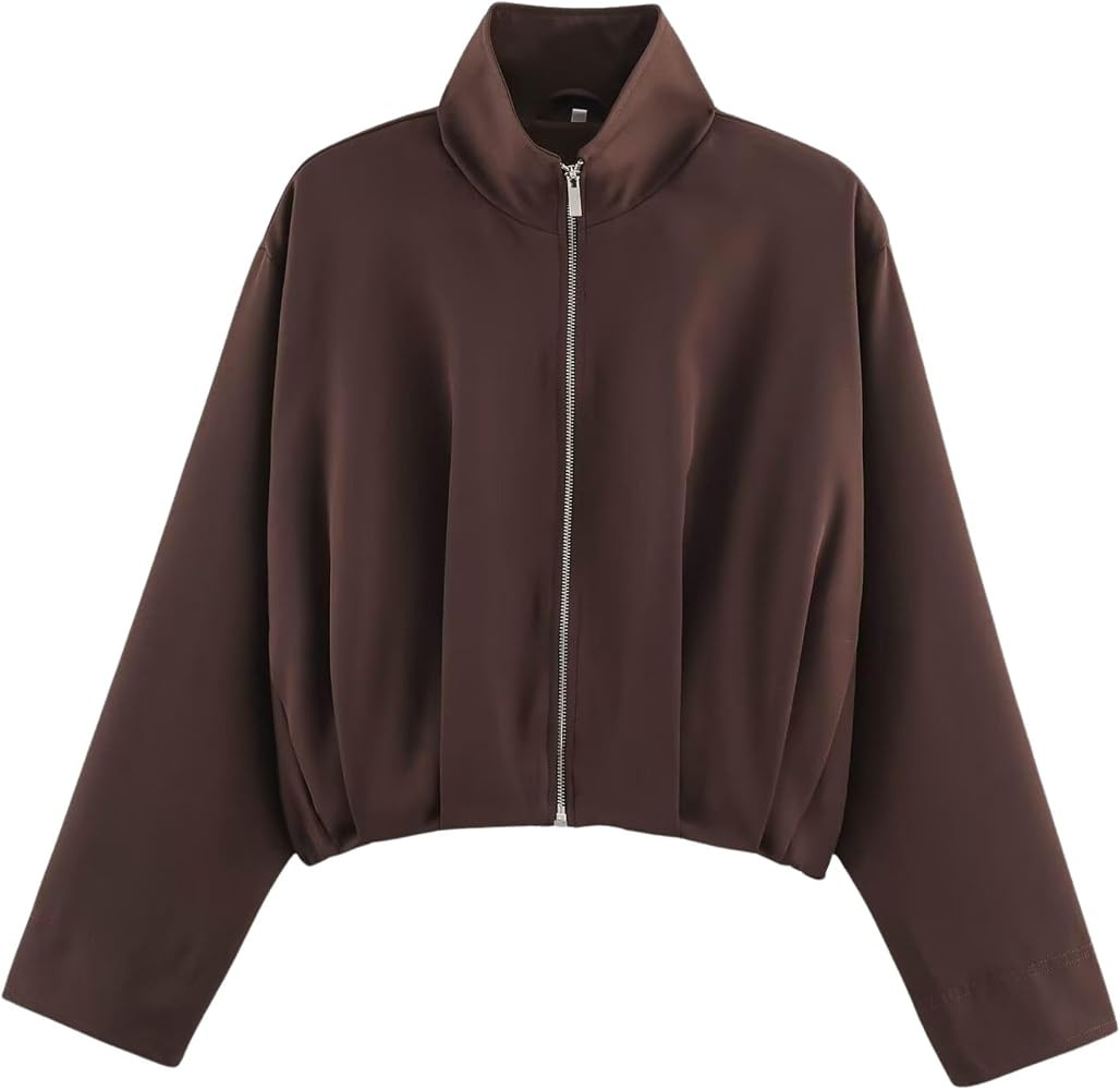 Xunger Women\u2019s Cropped Bomber Jacket Stand Collar Zip Up Casual Coat | Amazon (US)