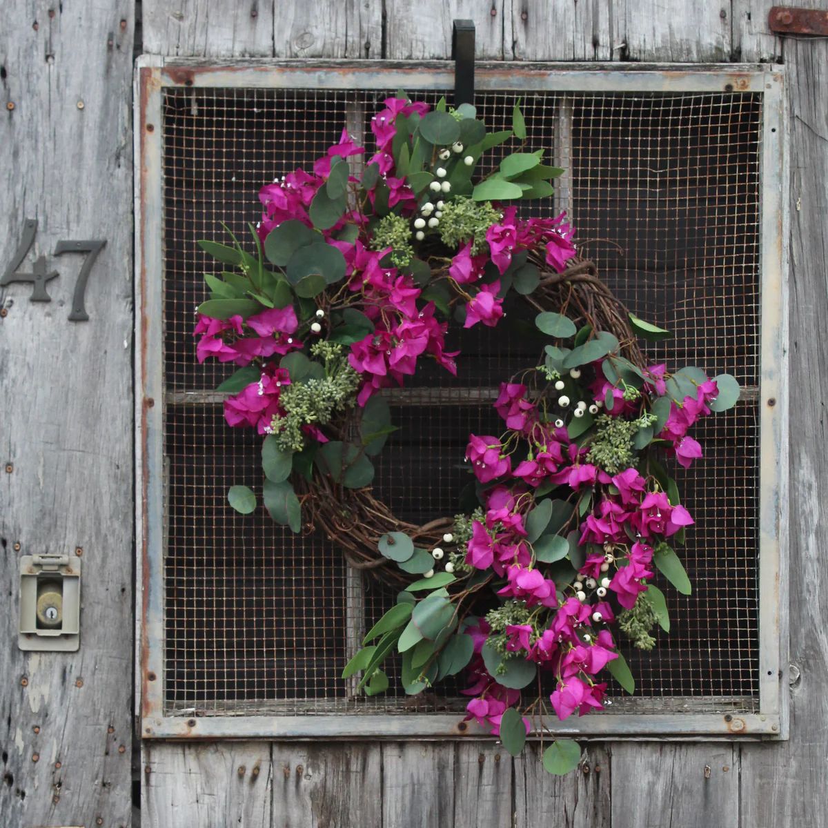 Bright Pink/Purple Bougainvillea & Real Touch Seeded Eucalyptus Asymmetrical Spring Summer Wreath | Darby Creek Trading