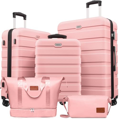 AnyZip Luggage Set 5 Piece PC ABS Hardshell Lightweight Suitcases for Travelling with 4 Universal Wheels TSA Lock Carry on Suitcase Pink | Amazon (US)