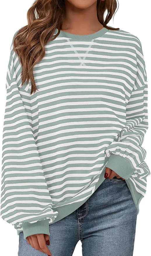 PRETTYGARDEN Womens Striped Oversized Sweatshirt Color Block Crew Neck Long Sleeve Casual Loose P... | Amazon (US)