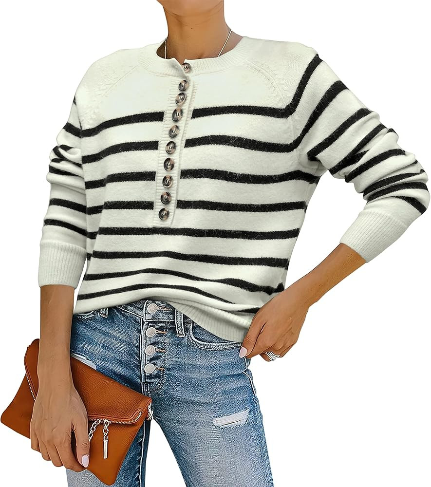 Amkoyam Women’s Striped Sweaters Long Sleeves Knitted Casual Pullovers Loose Fit Shirt Tops with But | Amazon (US)