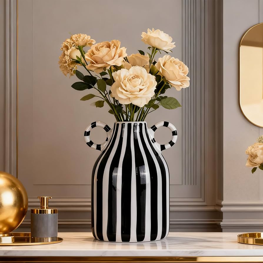 Black and White Ceramic Vase with Handle, Nordic Boho Small Vases Side Table Flower Centerpiece, ... | Amazon (US)