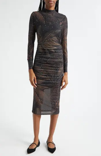 FARM Rio Golden Foliage Long Sleeve Tulle Midi Dress in Golden Foliage Black at Nordstrom Rack, Size X-Large | Nordstrom Rack