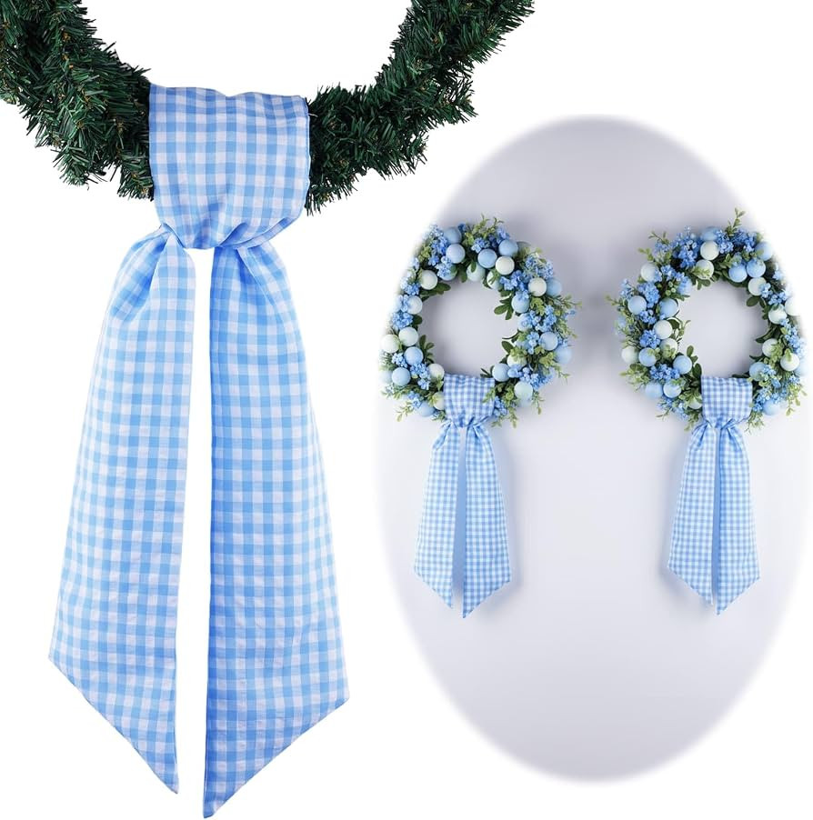 Wreath Sash for Front Door Decorations, 2 Pack Blue White Checkered Plaid Bow Ribbon Bundle for S... | Amazon (US)