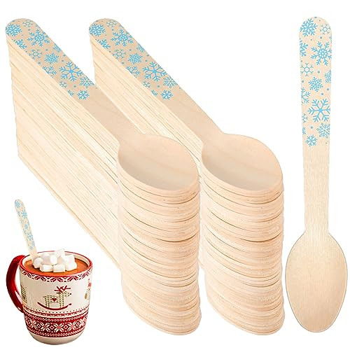 Umigy 100 Pieces Wooden Spoons Disposable 5.5'' Christmas Disposable Wooden Spoon Pattern Wooden Spoons for Hot Chocolate Wooden Tasting Spoons for Cake Cocoa Coffee Ice Cream (Snowflake Style) | Amazon (US)