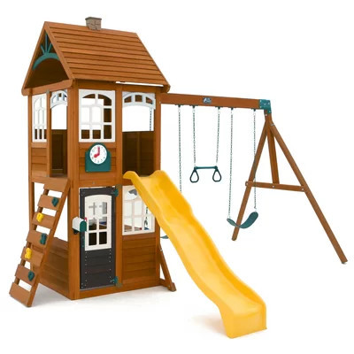 KidKraft McKinley Wooden Swing Set / Playset with Clubhouse, Mailbox, Play Kitchen and Slide | Wayfair North America