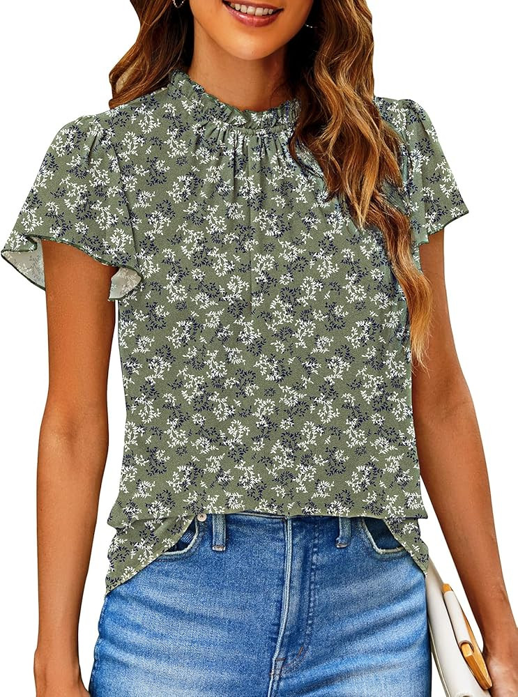 SimpleFun Women Boho Shirts Floral Ruffle Short Sleeve Mock Neck Flowy Casual Summer Blouses Tops | Amazon (US)