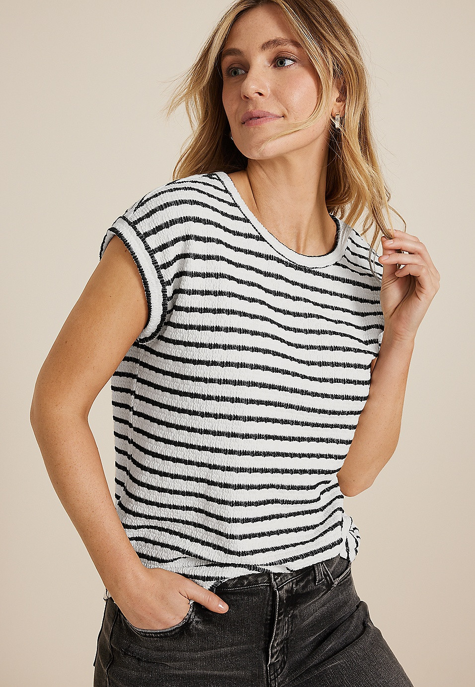 24/7 Clara Jacquard Striped Short Sleeve Tee | Maurices