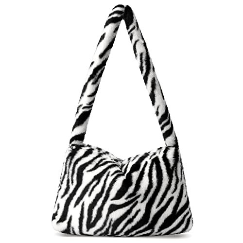 KPX Fuzzy Y2K Fluffy Shoulder Bag Women Furry Purse Large Cute Plush Ladies Faux Fur Tote for Autumn and Winter (Zebra) | Amazon (US)
