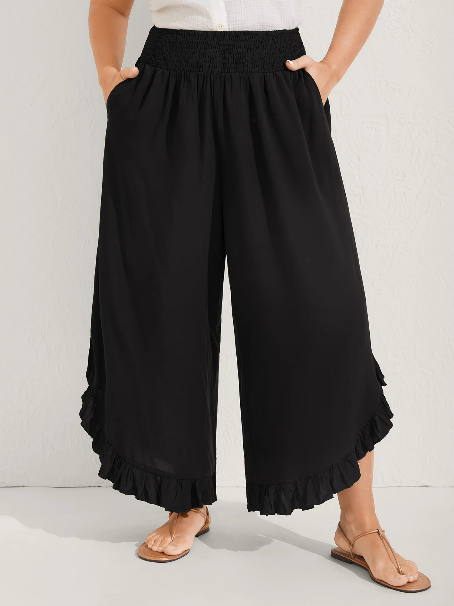 Ruffled Curvy Hem Wide-Leg Pants | Bloomchic