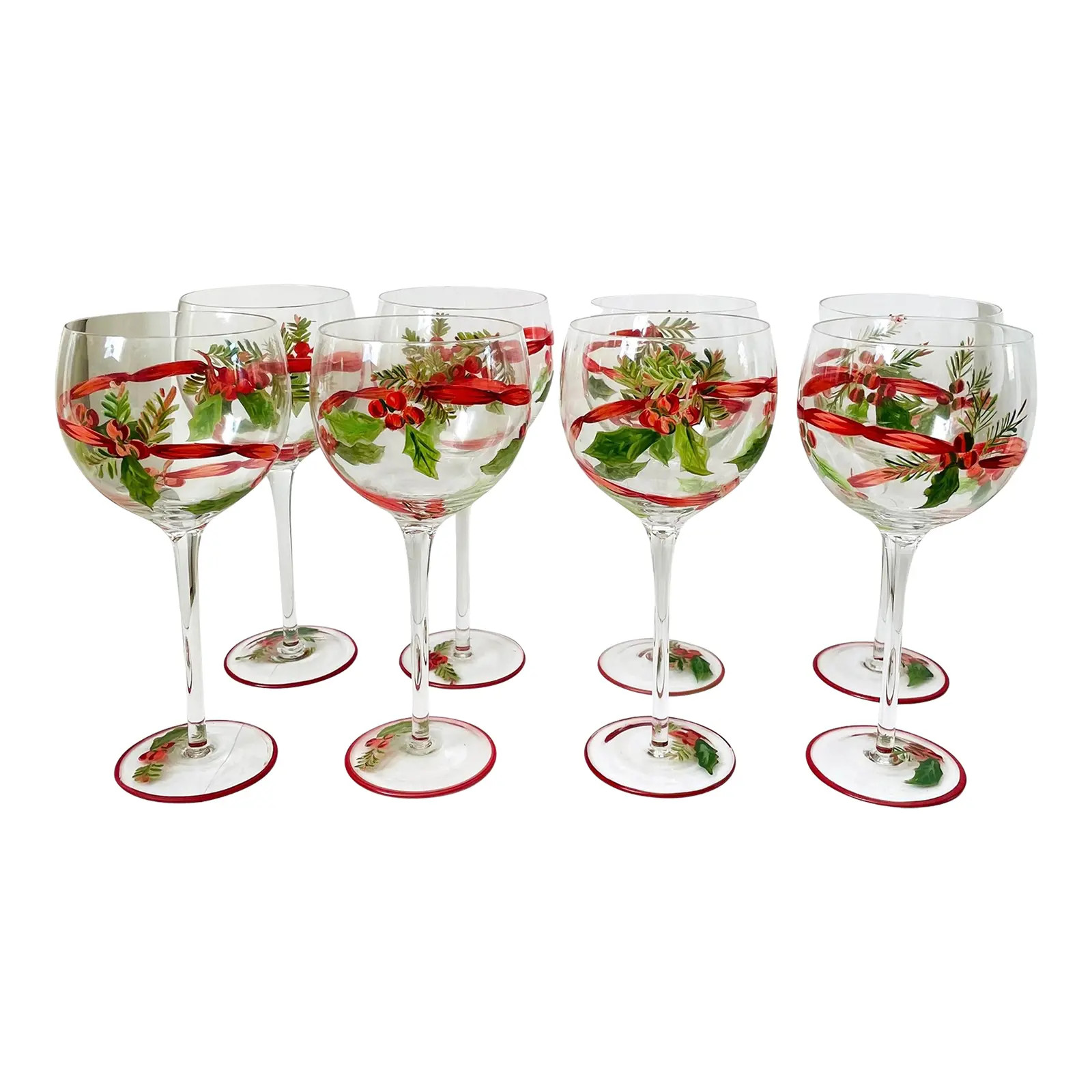 Vintage Block Basics Festive Ribbon Hand Painted Holiday Wine Glasses Goblets. Set of 8 | Chairish