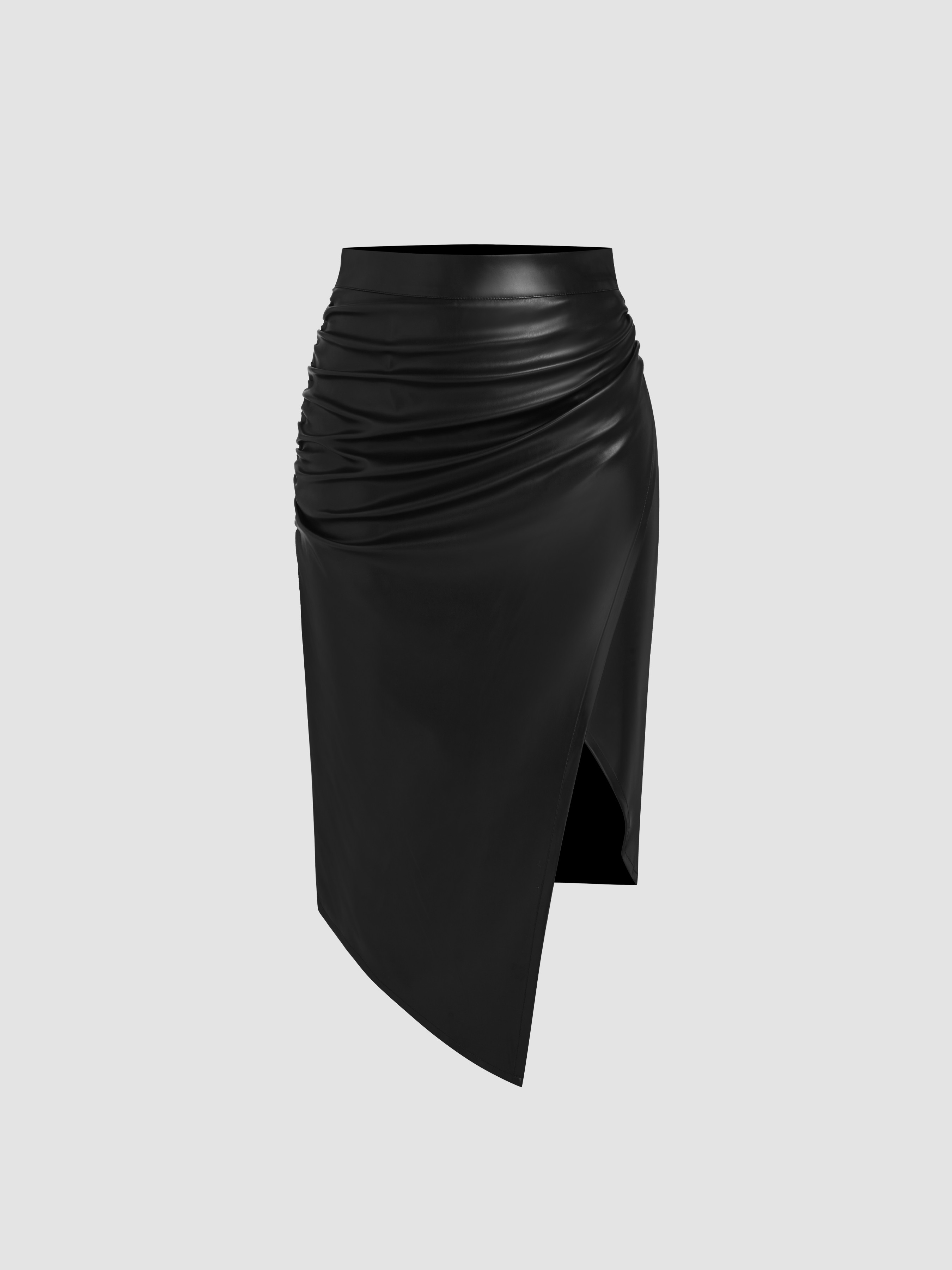 Faux Leather Faux Leather Mid Rise Solid Ruched Split Midi Skirt For Work | Cider