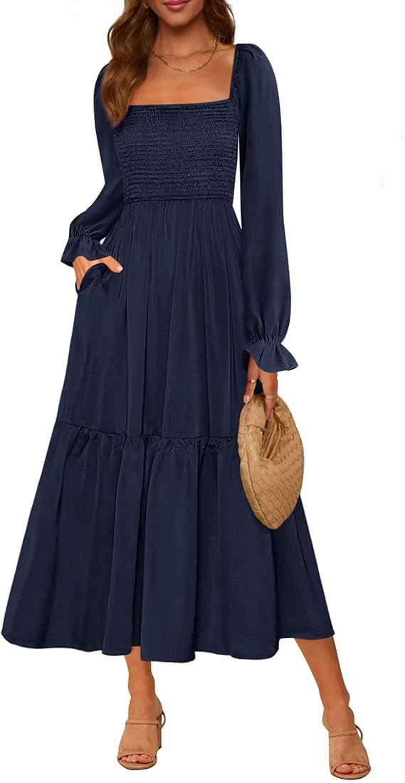 MASCOMODA Womens 2025 Fall Long Sleeve Casual Midi Dress Smocked Square Neck High Waist Flowy A L... | Amazon (US)