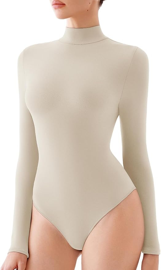 REORIA Women's Turtle Neck Long Sleeve Bodysuits Basic Slim Fit Double Lined Layering Tops for Fa... | Amazon (US)