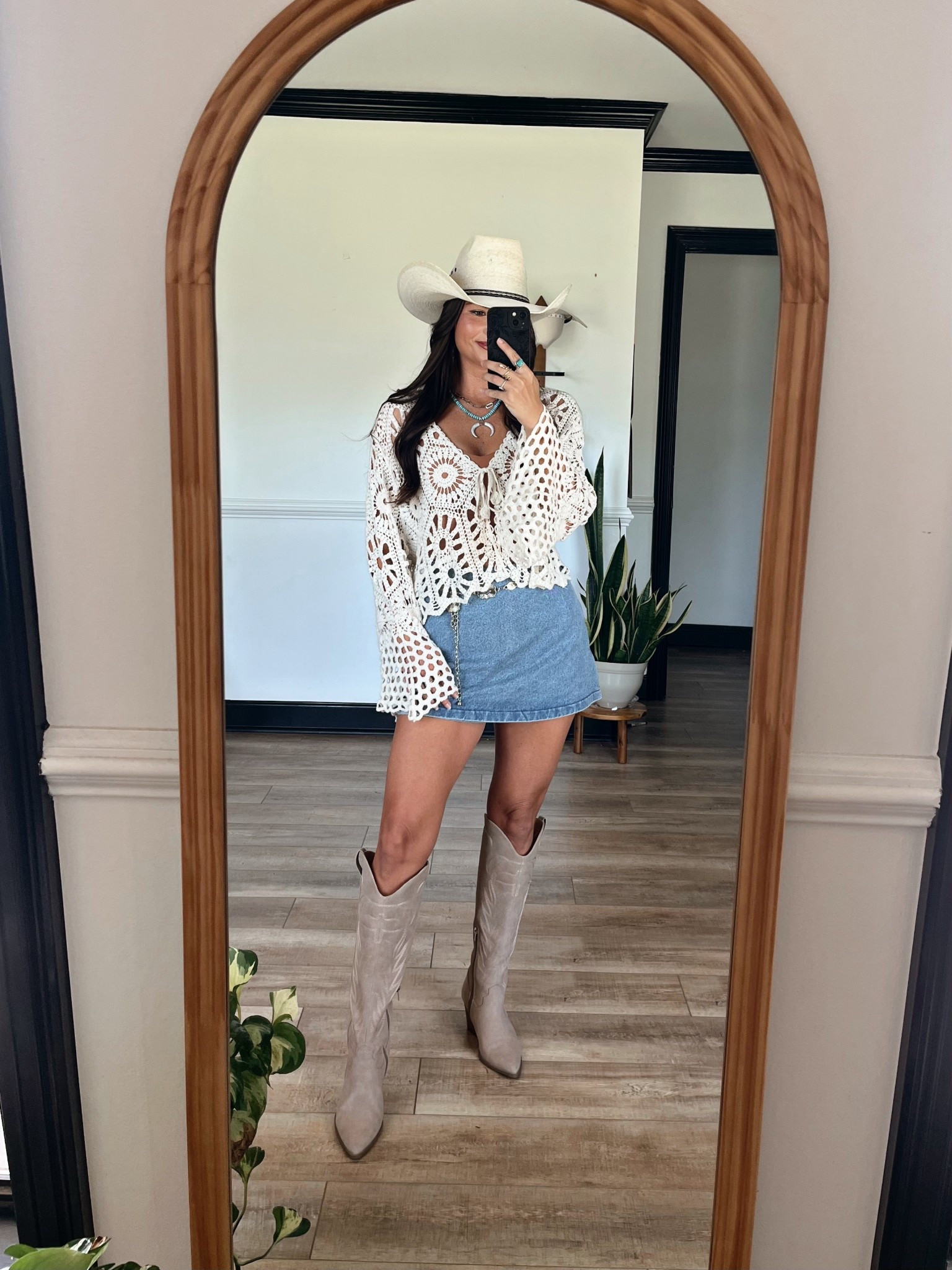 Western boho vibes! Crochet bell sleeve tie top paired with denim skort and tan boots! Wearing s/m top and xs skort!

Boots - LORI
Skort - LORILYNN35
Necklace from Highway Hippie - LORI10

#LTKFestival #LTKootd #LTKSeasonal