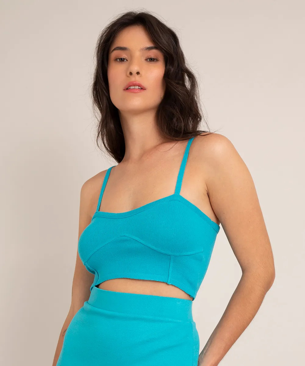 regata cropped corset de tricô alça fina decote reto azul | C&A (BR)