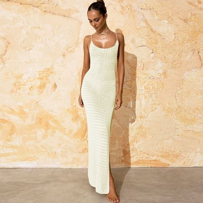 Women Crochet Maxi Swimsuit Cover Up Dress Spaghetti Strap Backless High Slit Cover Up, Beige, L | Target