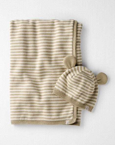 Little Planet Baby Boys Organic Cotton Sweater Knit Blanket And Cap Gift Set Baby Size 0-3M Winter Khaki | Carter's Inc