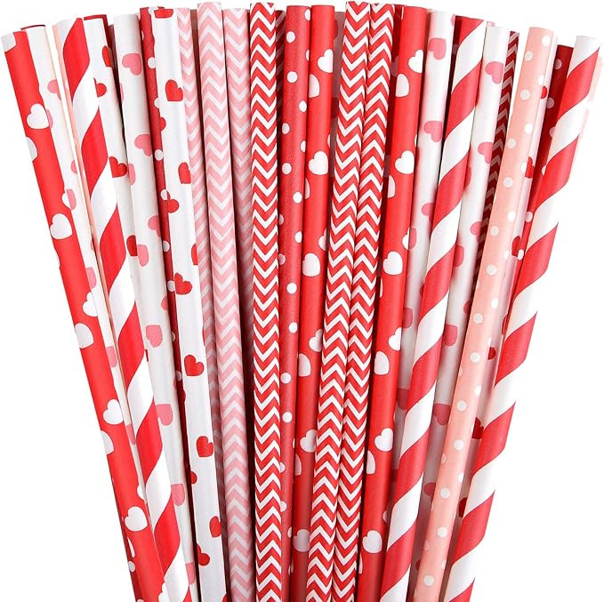 FEPITO 200Pcs Red and Pink Paper Straws Valentines Paper Straws Hearts Paper Straw Stripe Drinkin... | Amazon (US)