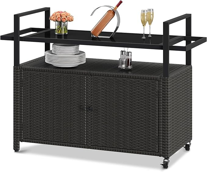 DWVO Patio Storage Cabinet,Outdoor Bar Cart with Glass Top,Outdoor Storage Table with Wheels for ... | Amazon (US)